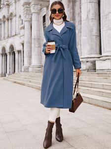 Women's Solid Double Button Belted Lapel Coat, Elegant Long Sleeve Outerwear For 	 Fall & Winter, Ladies Clothes For Work Office Business