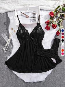 Women's Solid Color Sheer Floral Lace Cami Nightdress & Thong Sexy Lingerie Set, Adjustable Spaghetti Strap Backless Nightgown & Panty Set, Women's Sleepwear for All Seasons