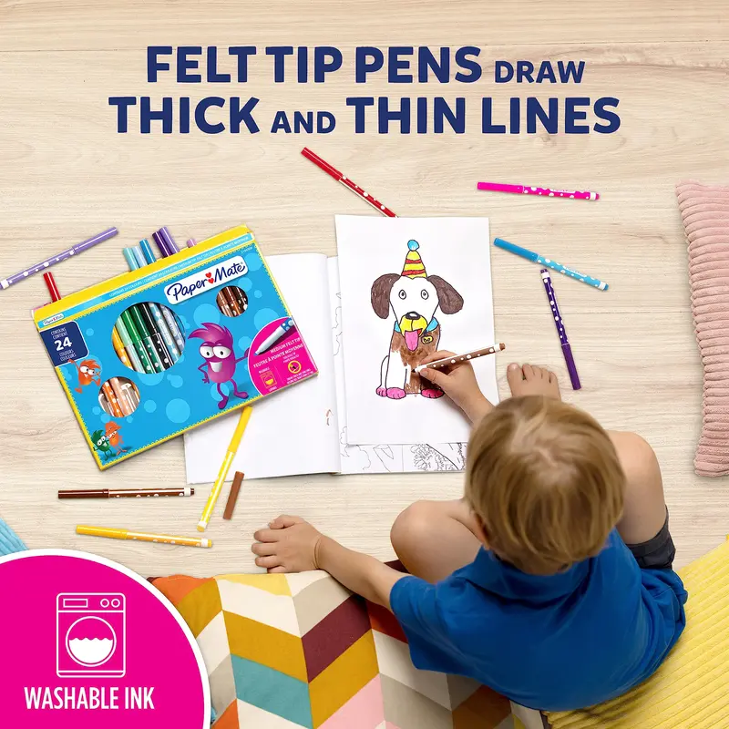 Paper Mate Children's Felt Tip Colouring Pens | Washable | Assorted Colours | 24 Fibre Tip Markers 2