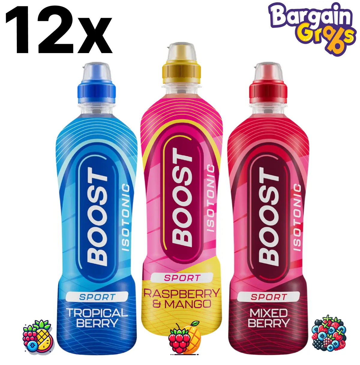 Boost Sport Isotonic Drinks – Raspberry & Mango BBD: 31/05/2025 / Tropical Berry BBD: 31/07/2025/ Mixed Berry BBD: 31/07/2025| 12 x 500ml Per Flavour | In Variation | Hydration & Energy Support Beverage Sugar Fruity