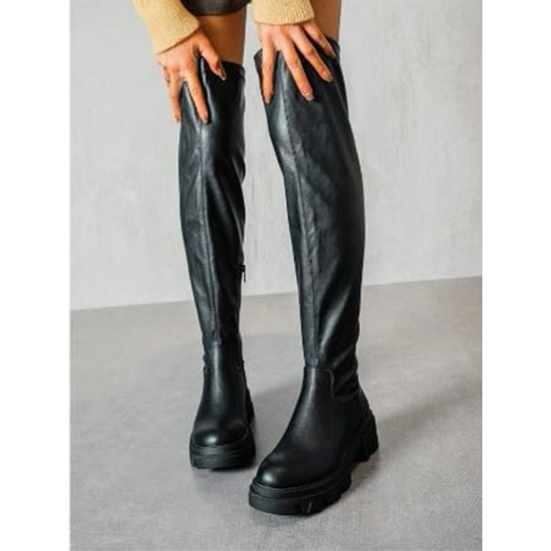TEEANA BLACK FAUX PU LEATHER OVER THE KNEE CHUNKY BOOTS 0