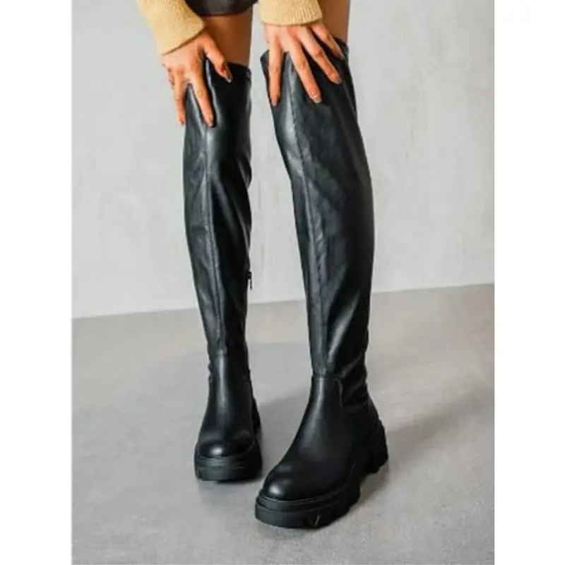 TEEANA BLACK FAUX PU LEATHER OVER THE KNEE CHUNKY BOOTS 0