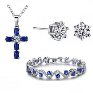 Exquisite Blue Sapphire & Crystal Luxury 3 Piece Jewellery Set