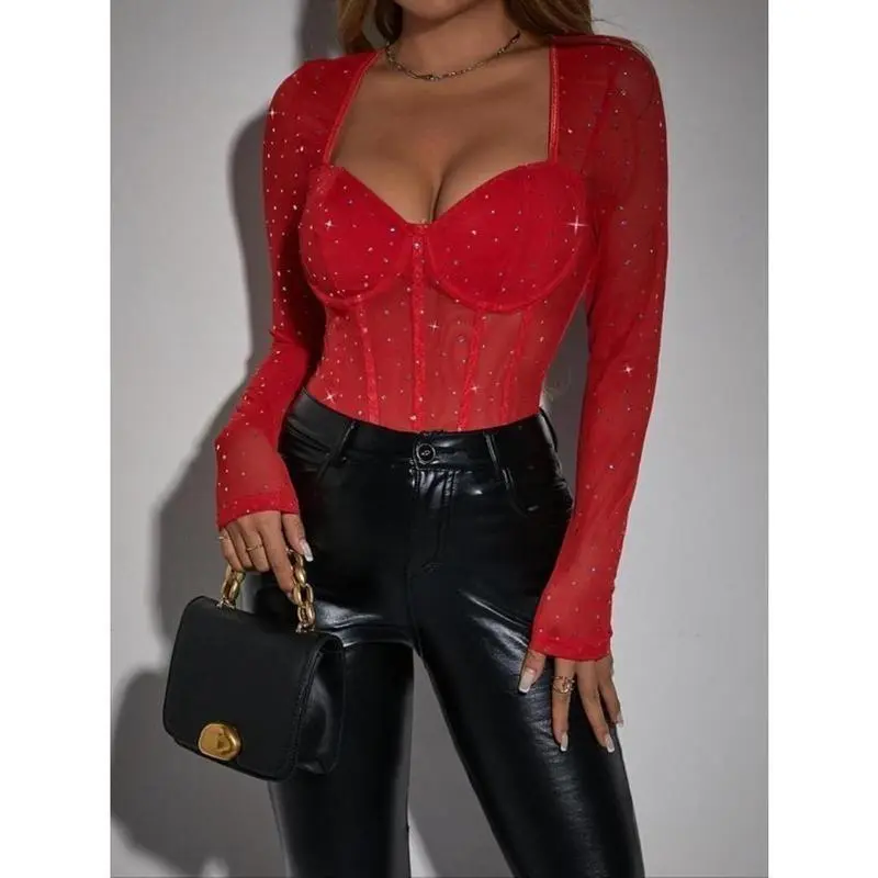 Women's Glitter Sequin Decor Sweetheart Neck Sheer Bodysuit, Elegant Long Sleeve Open Crotch Design Bodysuit for Party Holiday Vacation, Valentine's Day Gift for Girl, Ladies Clothes for All Seasons Womenswear Tops