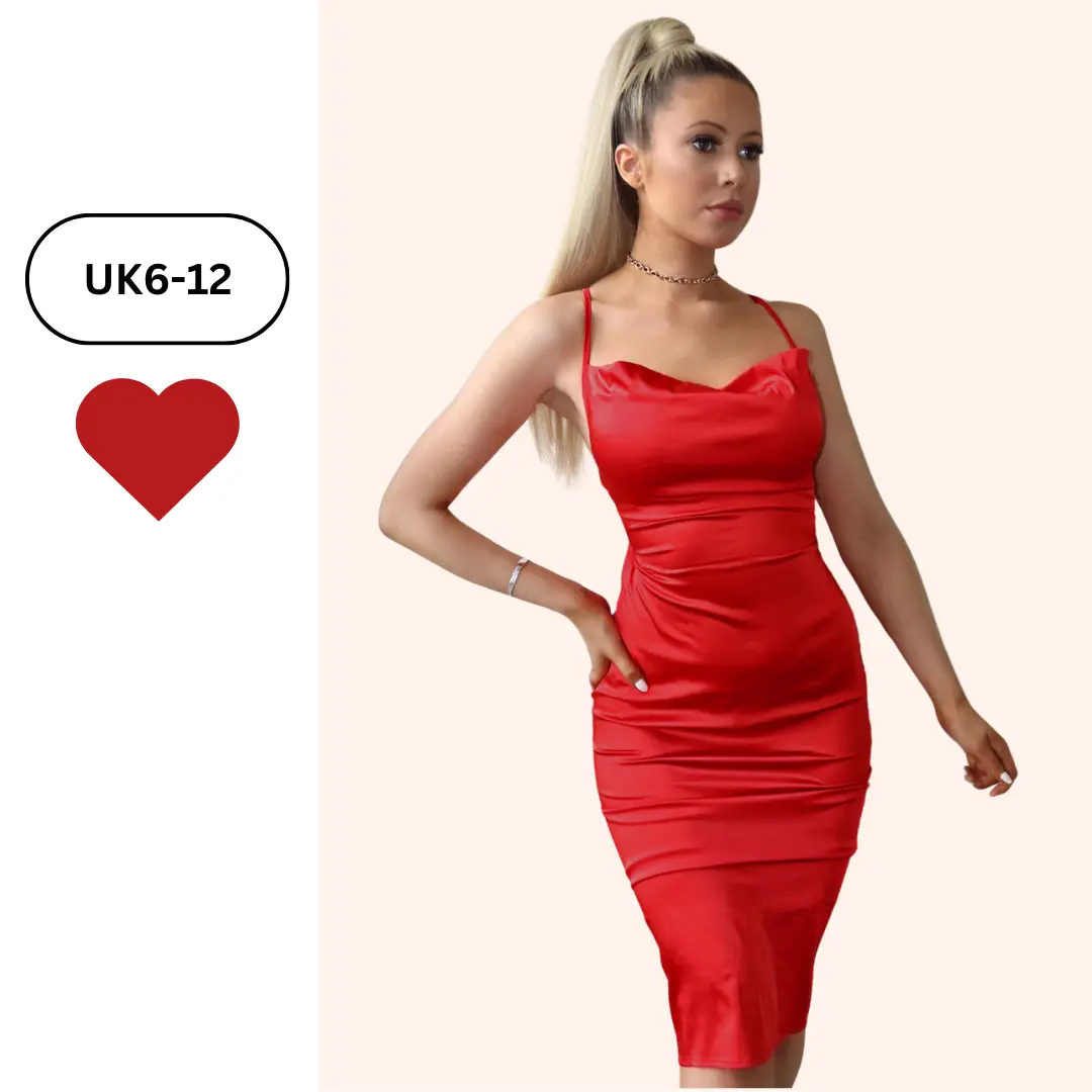 Red Satin Cowl Neck Midi Dress with Lace Up Back For Party, wedding