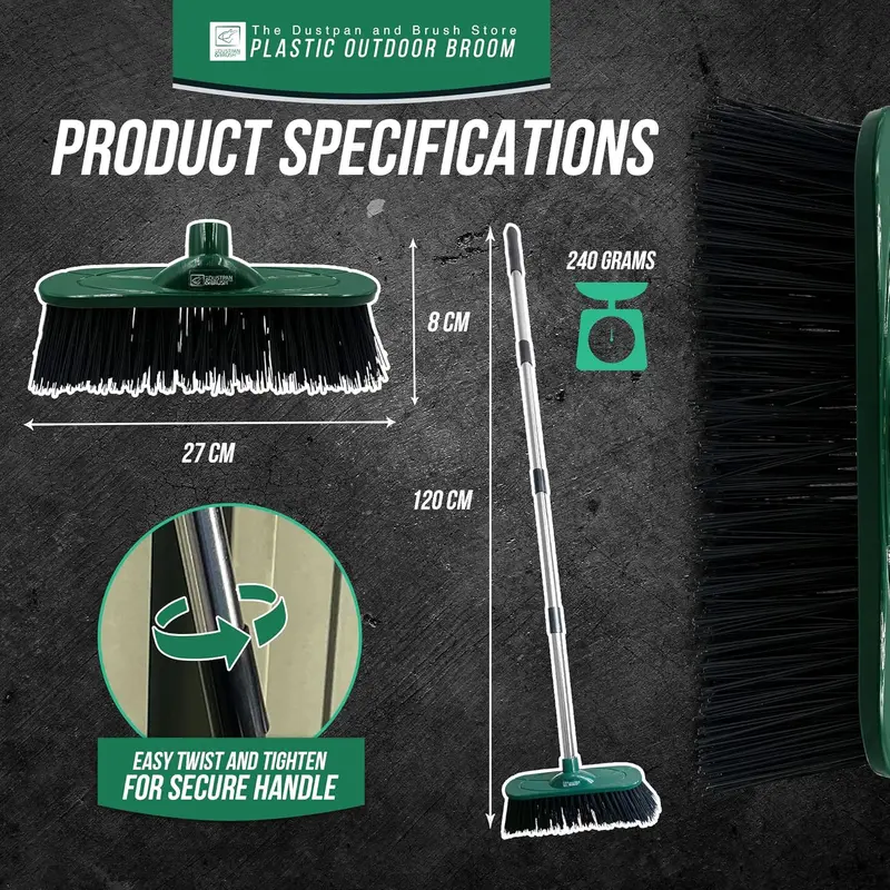 Stiff Sweeping Broom for Cleaning GardensYard Broom Outdoor Heavy Duty, 10” Synthetic Hard Bristle Brush Head and 4-Sections Stainless Steel Handle 4