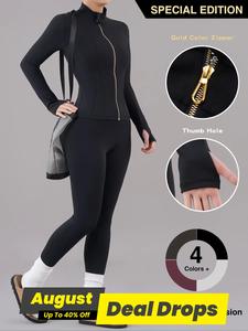 Women's Solid Zip Up Jacket & High Waist Leggings Tracksuit Set, Sporty Breathable Comfy Outfits for Yoga Gym Workout Running, Ladies Sportswear for All Seasons, Active Wear