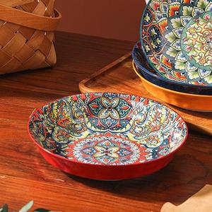 Floral Pattern Ceramic Bowl, 4 Counts/set Colorful Round Deep Plate, Household Tableware for Home Kitchen Dining Room