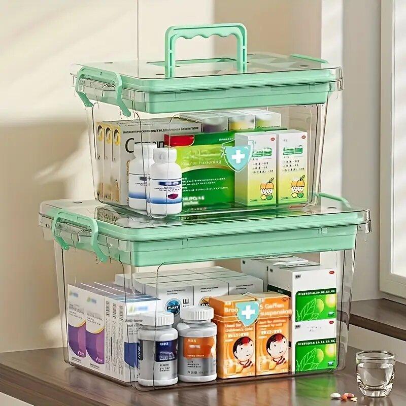 Product Introduction of Double-Layer Clear Waterproof  Box with Black Handle - Ideal Pill Organizer for Home, Bedroom desk , and Emergency Supplies   Plastic, Transparent, Compartment, Container, Household, lightweight, Multicolour storage bags 20