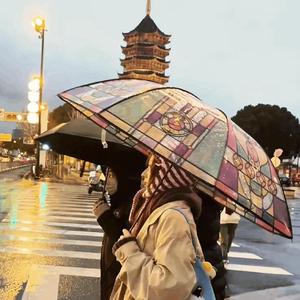 Romantic Clear/Poetry Pattern Umbrella, 1 Count Folding Umbrella, Transparent Umbrella for Women & Men, Portable Umbrella for Outdoor Activities