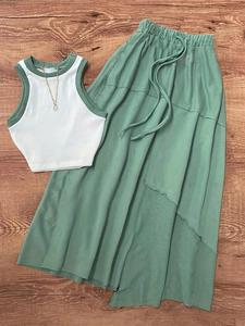 2-piece contrast color slim fit vest casual drawstring knotted green skirt women's spring and summer casual suit