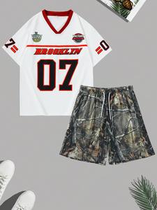 Men's Letter & Figure Print Short Sleeve Tee & Tree Branches Print Shorts Two-piece Set, Loose Casual V Neck T-shirt & Shorts, Men Summer Clothes