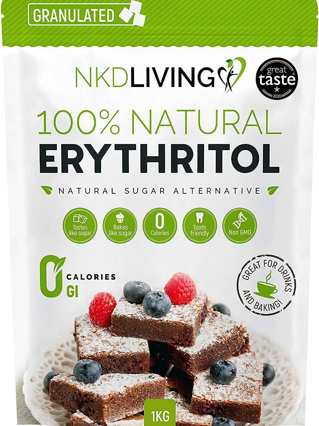 NKD Living 100% Natural Erythritol 1 Kg Granulated Zero Calorie Sugar Replacement Flavor Sweet