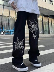 Men's Spider Web Print Drawstring Waist Straight Leg Pants, Loose Casual Comfy  Trousers for Fall & Winter, Men's Bottoms for Daily Wear