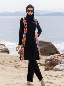Women's Ethnic Pattern Long Sleeve Swim Top & Swim Pants & Hijab, Modesty Tight-fitting Three-piece Set, Casual Muslim Islamic Swimwear for Beach Vacation, Modest Fashion Swimsuit, Burkiniswimwear, Full Coverage Swimsuits