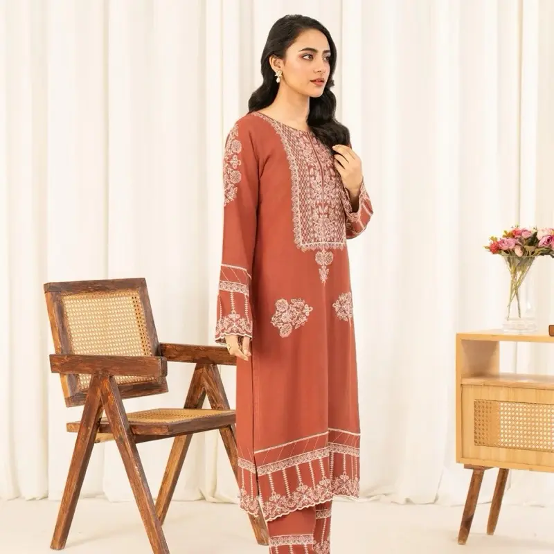 Women  Category: Clothing  Outfit Type: Eastern Ready to wear  Sub-Category: Kurta Set  Bottom Style: Trouser  Color Type: Rust  Lining Attached: As shown in Picture  Number of Pieces: 2 Piece - Top & Bottom  Product Type: Daily/Basic Wear  Season: All