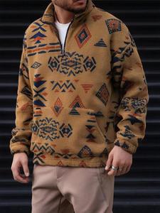Men's Ethnic Pattern Half Zip Up Sweatshirt, Casual Loose Long Sleeve Collared Pullover for Fall & Winter, Men's Clothes for Daily Wear