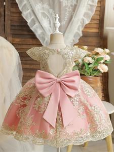 Girl's Embroidery Contrast Lace Backless Cap Sleeves Dress, Elegant Puff Sleeve Bow Decor Dress for Party Performance Wedding Guest, Princess Peach Poofy Dress, Spring Spring Summer Tutu Cap Sleeve Dress