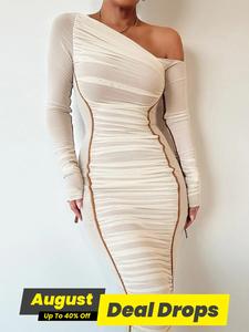 Women's Ruched Asymmetrical Neck Bodycon Dress, Elegant Minimalist Chic Slim Fit Longsleeves Long Dress for Party Club Dating Wear, Party Dresses, Womenswear, Princess Cut Bodycon Dress, Classy Formal Dresses Women, Lady Party Gown