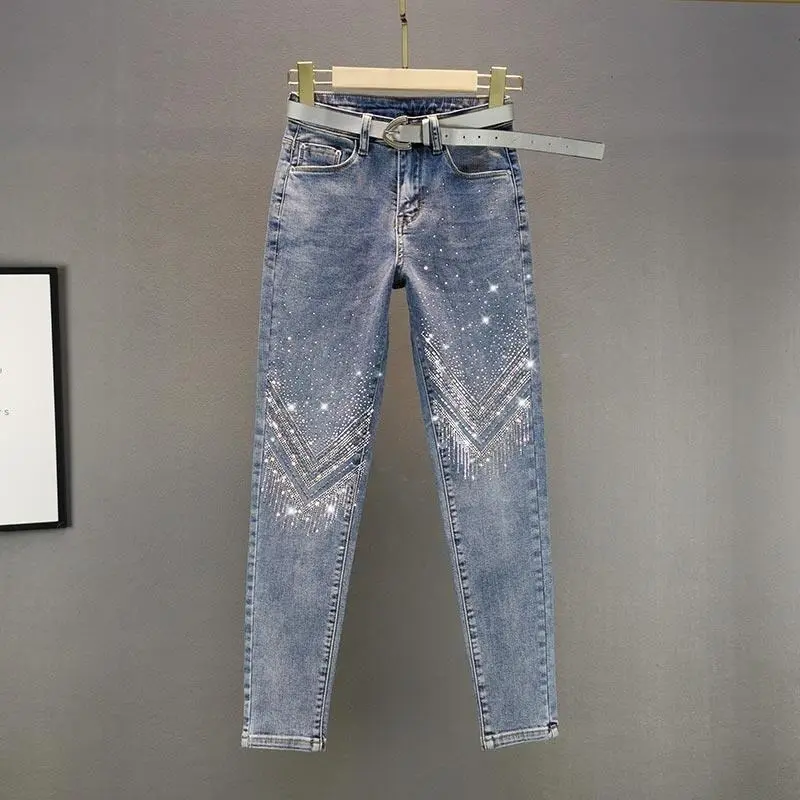 European Station Heavy Industry Rhinestone Skinny Jeans for Women  Spring New Casual High Waist Slimming Cropped Pants ae  jeans  holes 1