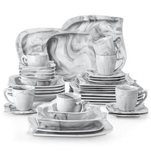 MALACASA Elvira Series Dinnerware Set for 6, 18/24/30/36-Piece Porcelain Plates and Bowls Set, Leaf-Shaped Elegant Ivory White & Marble Grey Crockery Set with Optional Cups and Saucers, Microwave & Dishwasher Safe