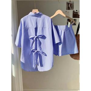 - Set Women Striped Print Bowknot Vest Shorts, Summer Casual Button Tops Shorts, Ladies Vacation Clothing spotlight  clothes 2  pcs travel  fit     outfit