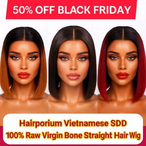 Hairporium Super Double Drawn Vietnamese Bone Straight Wig 100% Raw Virgin Hair 220% Density Precut Lace Beginner Friendly 10-inch Glueless Wig Natural Black #1B Honey Brown 1B/30 Burgundy 1B/99J