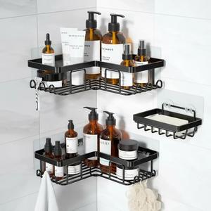 Shower Shelf, 3 Counts/set Including 2 Stainless Steel Shower Caddy & 1 Soap Holder, Corner Rack with Hook, Punch-free Bathroom Organizer, Home Goods