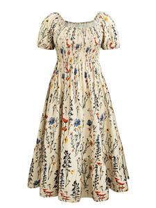 【plus Size】 Floral Print Square Neck Dress, Boho Casual Short Sleeve Dress for Daily Holiday Vacation Wear, Women Plus Clothing for Summer, Womenswear