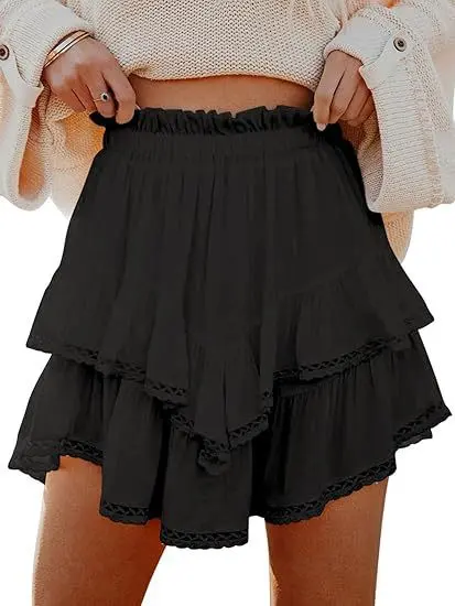 Flowy Shorts for Women Casual Boho Ruffle Tiered Skorts High Waist Mini Skirts Golf Tennis Crochet Shorts 4