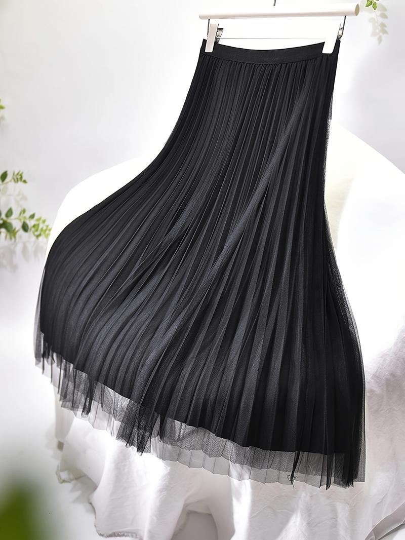 Product Introduction of Polly Pocket Skirt Women'S Chic A-Line Pleated Skirt, 100% Polyester Knit Fabric, Solid Color, Elastic Waist, All-Season, Breathable Mesh Lining, 24g/m² - Elegant Midi Skirt 5