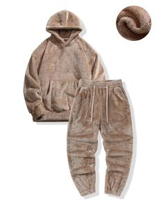 Men's Solid Thermal Lined Hoodie & Pants Plush Set, Casual Long Sleeve Hooded Pullover & Trousers, Men's Fall & Winter Clothes