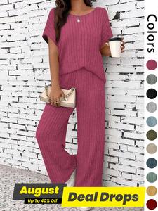 Women's Solid Ribbed Drop Shoulder Tee & Wide Leg Pants Two-piece Matching Set, Casual Short Sleeve Round Neck T-shirt & Trousers for Summer, Ladies Clothes for Daily Wear