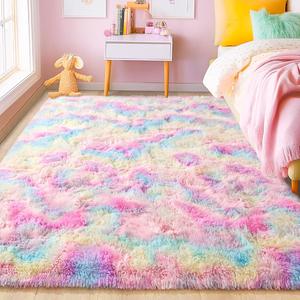 Colorful Rainbow Pattern Boho Style Rug, 1 Count Soft Fluffy Non-slip Floor Mat, Fluffy Nursery Rug, Tie Dye Rug, Decorative Carpet for Home Living Room Bedroom Study Room, Bohemian Style Rugs, Rugs Bedroom, Machine Washable Rug, Soft Shaggy Rug