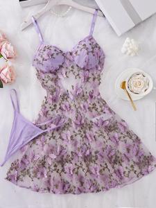 Women's Butterfly Embroidery Cami Nightdress & Thong Sexy Lingerie Set, Comfy Elegant Nighty Dress Set, Ladies Sleepwear for All Seasons, Loungewear, Womenswear, Underwear