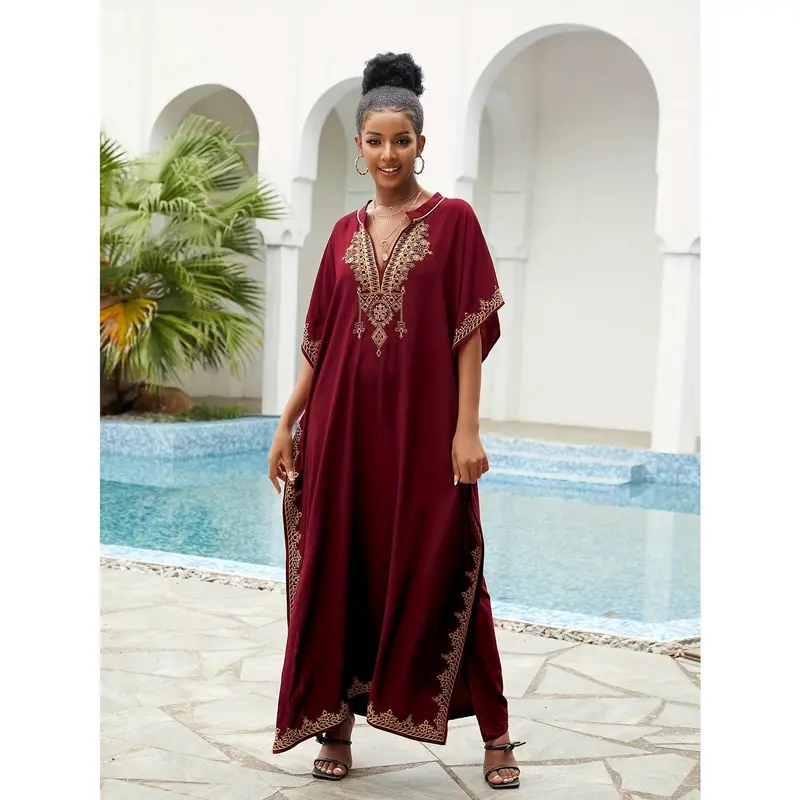Ramadan Plus Size Boho Kaftan Dress, Women's Plus Golden Embroidered Bat Sleeve Notched Neck Maxi Cover Up Dress 6