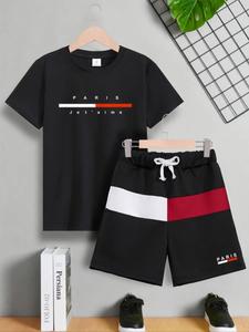 Boy's Patched Letter Print Co-ord Set, Casual Round Neck Short Sleeve T-shirt & Drawstring Waist Shorts Set, Summer Outfits Clothes for Kids