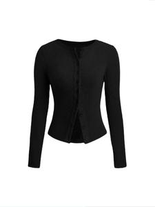 Women's Solid Color Button Front  Ribbed Sweater, Elegant Casual Long Sleeve Jumper for Spring & Fall, Fashion Women's Knitwear for Daily Wear