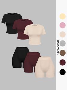 Women's Solid Round Neck Tee & High Waist Shorts Ribbed Set Casual Short Sleeve T-Shirt & Skinny Track Shorts, Women's Summer Clothes, Matching Clothing Set Women, Cute Summer Outfit, Elastic Shorts Set