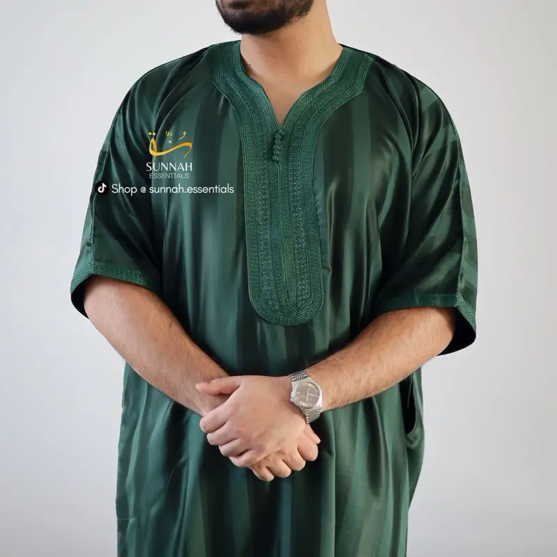 Moroccan Thobes Striped in Butter Yellow, Green & Navy Blue - Islamic Clothing 7