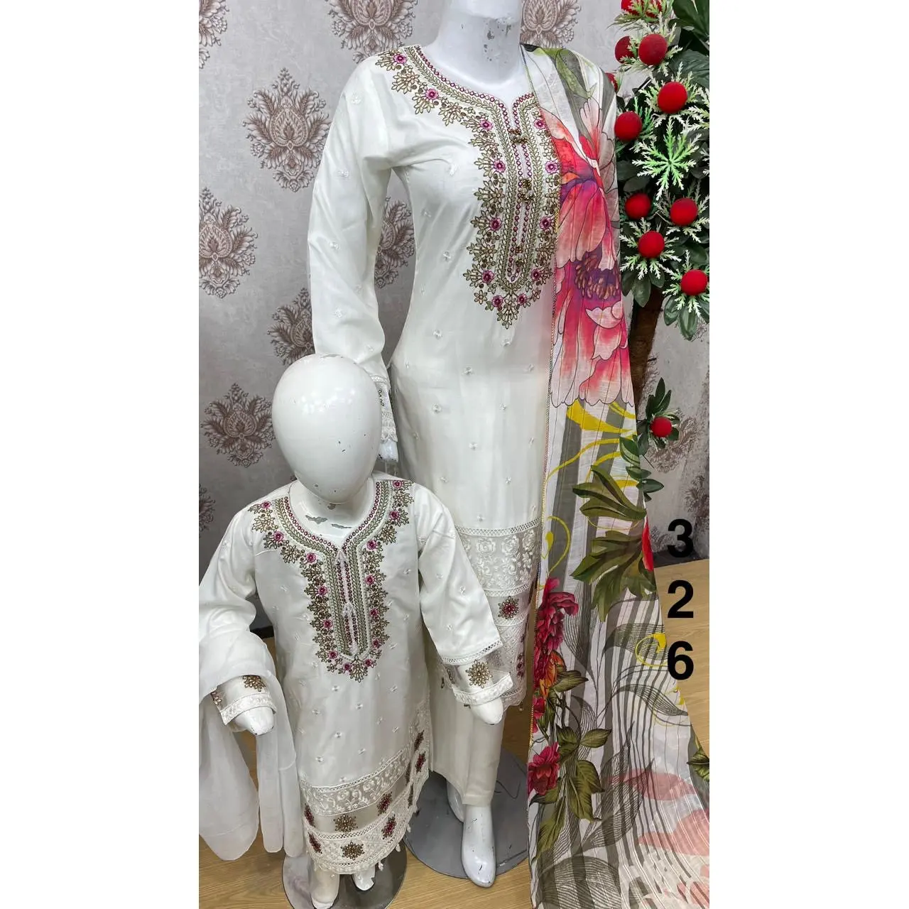 S Creations ‘Indigo’ | Embroidered Linen Mother & Daughter Readymade | SC163 (White)