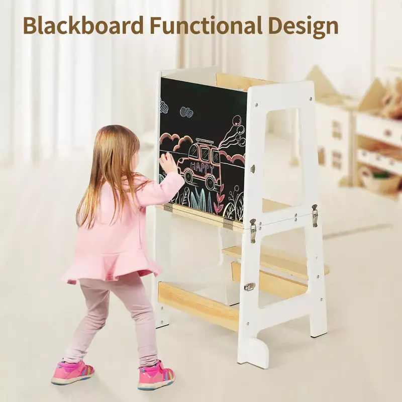 3-in-1 Toddler Learning Tower Kids Step Stool & Mini Desk with Safety Rail Black And white 3