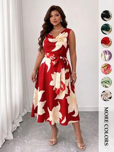Women's Plus Size Floral Print Midi Dress Cowl Neck Sleeveless Tie Waist A-Line Flowy Curve Flattering Elegant Chic Wedding Guest Party Cocktail Evening Formal Occasion Vintage Old Money Aesthetic Trendy