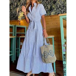 Women's Striped Print Belted Dress, Summer Elegant Casual Long Dress, Women's Daily Wear, Elegant and Modest Dress, Modest Style Dress, Fashionable Dress, Belted Dress, Modest Clothing hoc o dress knitted  dress Womenswear Gamis cocktail  dress