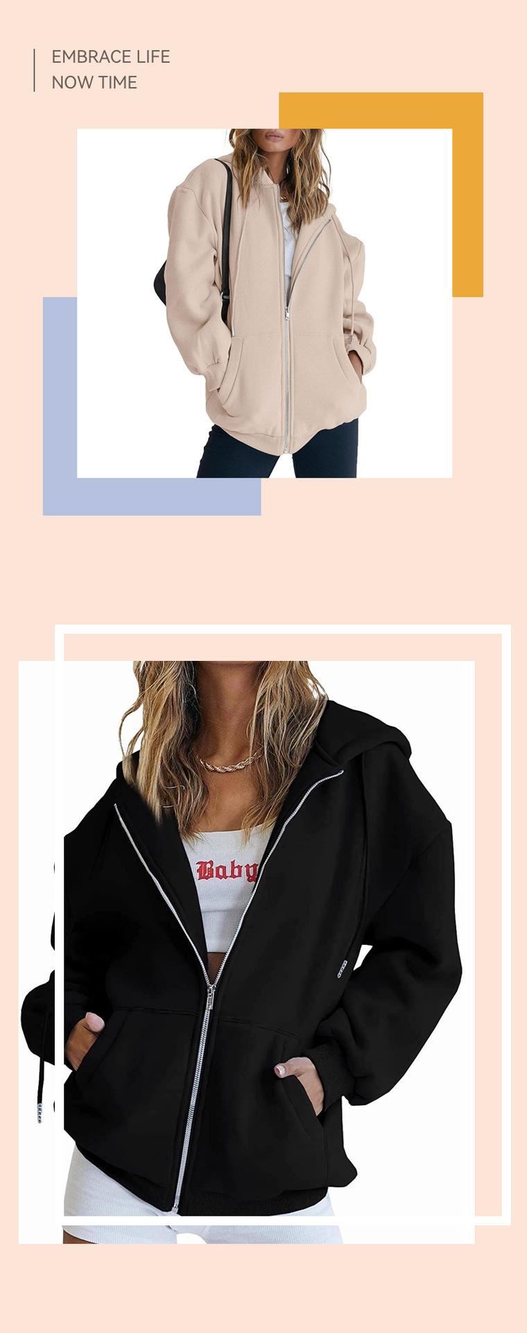 Product Introduction of Fashion Gray Zip Up Sweatshirt Women Autumn Winter Jacket Clothes Hoodies Daily Pockets Long Sleeve Solid Versatile Lady Hoodies 5