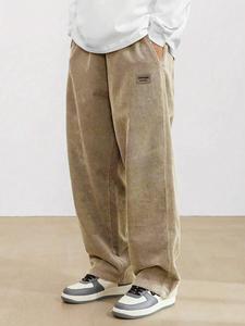 Men's Letter Patched Pocket Corduroy Pants, Loose Casual Comfy Straight Leg Trousers for Fall & Winter, Men's Bottoms for Daily Wear