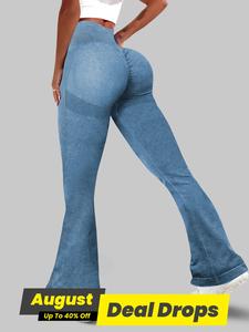 Women's High Waist Ruched Sports Leggings, Solid Color Flare Leg Yoga Pants, Ladies Sportswear for Indoor Outdoor Wear, Flared Yoga Pants, High Waisted Leggings, Tight Fitting Pants, Gym Leggings, Skinny Sportswear, Gym Workout Leggings