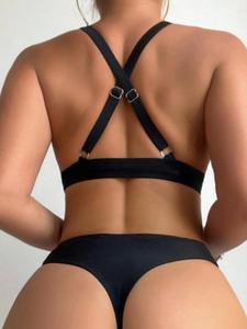 Two-Piece Set Women's Solid Criss Cross Deep V Neck Swimsuit, Casual Swim Top & High Waist Swim Bottom, Summer Beach Swimwear