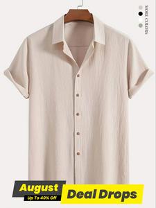 Men's Loose Solid Button Front Shirt, Casual Classic Short Sleeve Collar Top for Summer, Breathable Fashion Men's Clothes for Daily Wear, National Day Offers