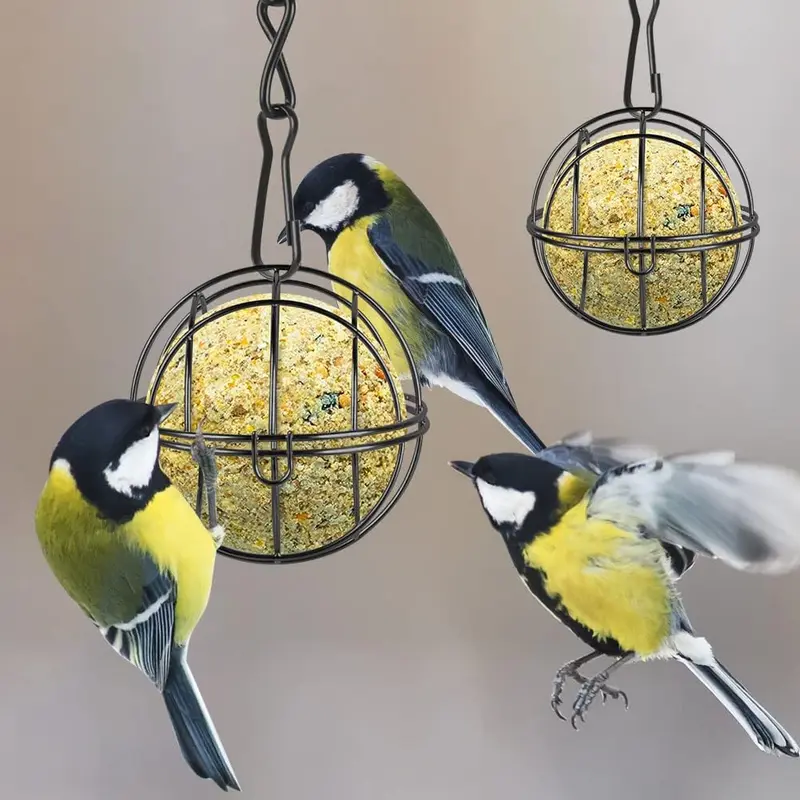 Fat Ball Bird Feeder, 2pcs Metal Fat Ball Bird Holder, Hanging Bird Feeder Holder Spherical with 2 S-shaped hooks for Outdoor Garden Wildlife Birds Finch Sparrow Robin (Black) 4